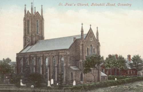 A postcard image of a large church in a churchyard with a tall tower